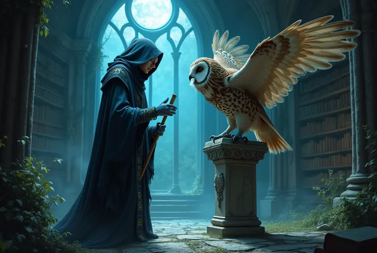 "Illustrate a mystical encounter in an ancient, overgrown library where a hooded sorcerer exchanges a knowing gaze with a giant, otherworldly owl. The sorcerer’s robes are adorned with glowing runes, and their staff emits a faint blue light. The owl, perch...