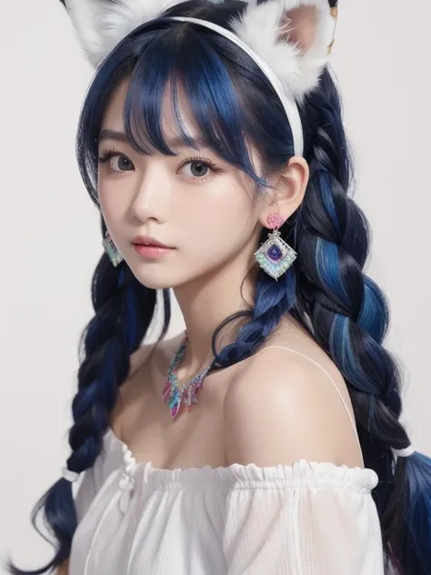 masterpiece,  top quality ,  high res, (White background: 1.4), [ glitter], [ stares at viewers,  portrait, Art by 1 cute Chinese girl ], ( long hair,  blue hair, Wave Curl,   Multicolor Twisted Big Braid: 1.3, Fluffy fox ears, Air Van),  White Off Shoulde...