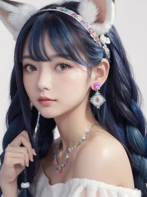 masterpiece,  top quality ,  high res, (White background: 1.4), [ glitter], [ stares at viewers,  portrait, Art by 1 cute Chinese girl ], ( long hair,  blue hair, Wave Curl,   Multicolor Twisted Big Braid: 1.3, Fluffy fox ears, Air Van),  White Off Shoulde...