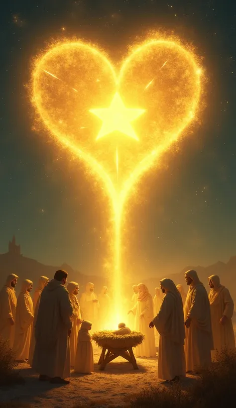 A heart of golden light hovering over the manger and connecting people around the world.