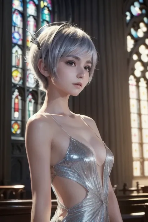 ( Extremely Detailed CG Unity 8K Wallpaper, masterpiece,  top quality ,  ultra detail showing the cathedral), (Best lighting, Best Shadow,  extremely delicate and beautiful), Cool, dynamic, And an original young girl character (dynamic pose) silver ( pixie...