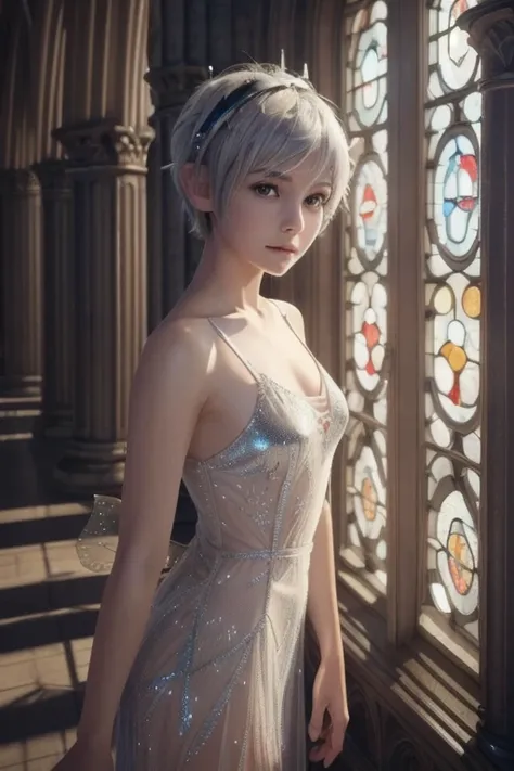 ( Extremely Detailed CG Unity 8K Wallpaper, masterpiece,  top quality ,  ultra detail showing the cathedral), (Best lighting, Best Shadow,  extremely delicate and beautiful), Cool, dynamic, And an original young girl character (dynamic pose) silver ( pixie...