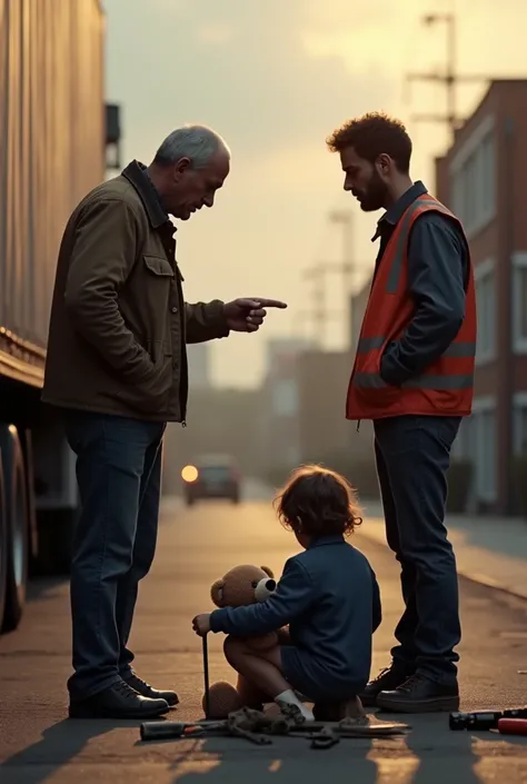 The boss under 50 confronts the driver under 30, pointing a stern finger at him. The driver, now looking ashamed, stands awkwardly, bowing his head slightly. The boy sits on the ground, picking up his scattered tools, while his sister cautiously approaches...