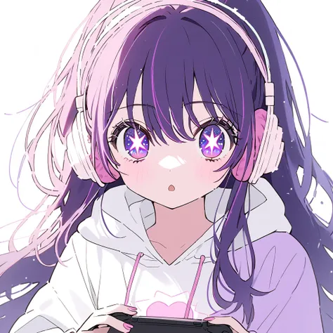 girl, Hoshino Ai, Stars in my eyes, black cap, purple long hair, white hoodie, pastel white ((heart)) sun glasses, white background, wearing headphones, playing games.