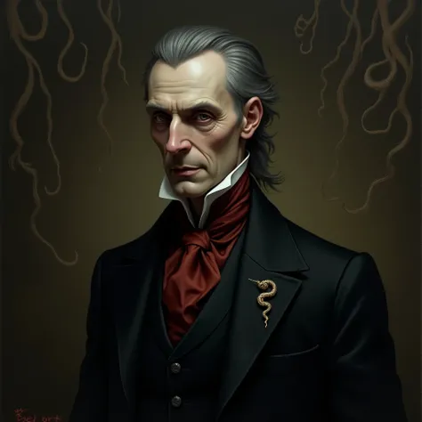 A haunting and enigmatic portrait of Edward Hadelray, a Victorian-era nobleman and politician, depicted in a formal, passport-style composition as an oil painting inspired by Arnold Böcklins style. His face is pale and gaunt, with dark shadows under his pi...