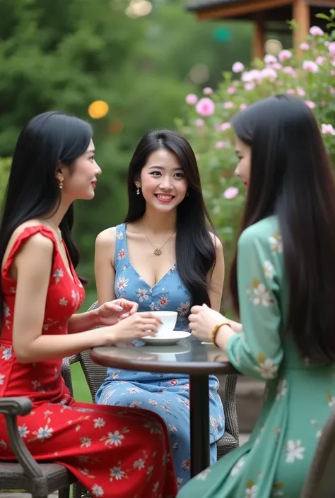 A 3  asian woman black long super straight rebonded silky hair, the one is wearing red floral dress,wearing earrings, necklace,gold watch .,holding a cup of tea,the other woman is wearing a blue floral dress, black long super straight rebonded silky hair, ...