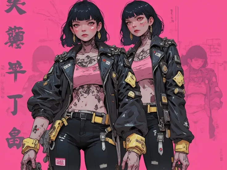 ((( top quality: 1.4))),( a masterpiece like no other in history ), ( Ultra high resolution ),(Ultra-realistic 8k CG), official art 、 (((adult body))), ((( a girl))), ((( bob short hair ))), Punk girl with perfect body , Jacket with metal back , beautiful ...