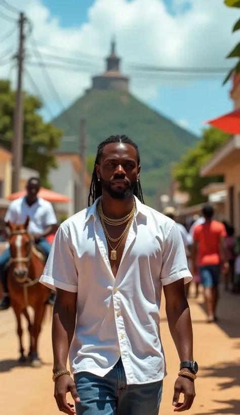 A vivid, 77mm  lens, 8k, HDR, full shot, wide angle photo-realistic portrait of a black handsome man with white guayabera shirt and blue jeans. glowing skin mid 30, long braids, he is adorned in luxurious, jewleries, golden necklaces, earings and bracelets...