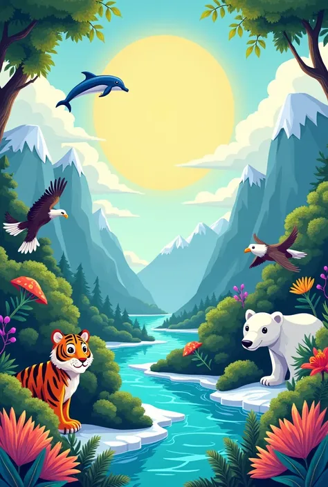 A whimsical and vibrant cartoon-style cover page featuring animals from various habitats in a magical, interconnected landscape. The scene includes a tiger in a lush jungle, a dolphin leaping from a sparkling ocean, an eagle soaring above snowy mountain pe...