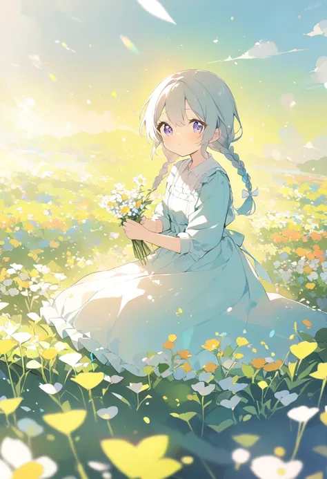  1 girl、 braids、corolla、Picking flowers、Flower Field、 sitting