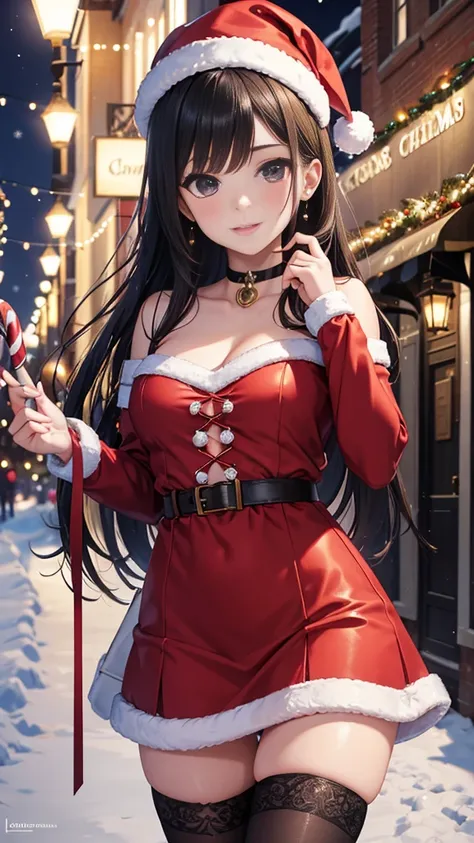   masterpiece,   better quality ,  High resolution,  beautiful and detailed eyes ,  extremely detailed face , Detailed CG,  a girl; Standing,  Holds a Christmas candy cane with his right hand,  Seen from the front ,   Looking at the spectator,   long black...