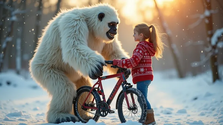 Hyperrealistic photograph of a Yeti giving a bicycle to a s girl. scene must be indistinguishable from a real photograph, with natural imperfections and photographic qualities:

The Yeti appears as a massive cryptid covered in weathered, matted white fur w...