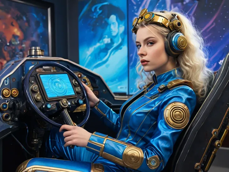 A beautiful and aristocratic 20-year-old blonde Swedish woman sitting in the cockpit of a mech. The view is of the cockpit, with her sitting in a pilot seat and holding a control stick in either hand. A cybernetic crown showing intricate details of technol...