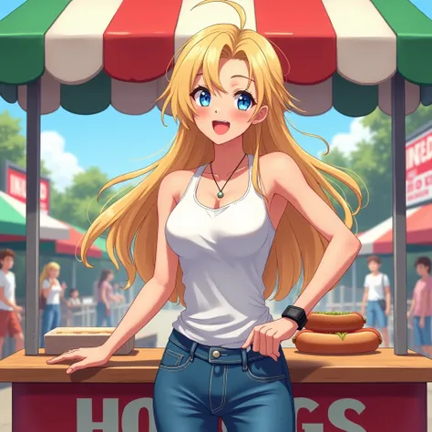 anime girl, blue eyes, long blonde hair, side-swept bangs, white form-fitting tank top, jeans, black arm watch, slightly muscular arms, happy, smiling, at a stand, selling hotdogs, candid, anime illustration, anime girl