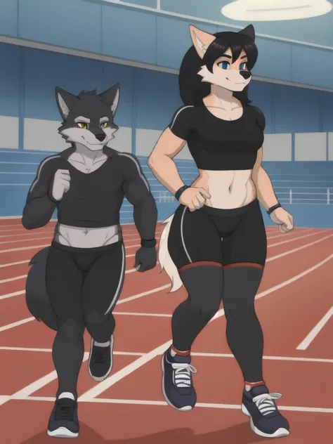 Furry, wolf, female, male, couple, black shirt, black spandex bike shorts, shoes, indoor running track, teen, competitor, full body