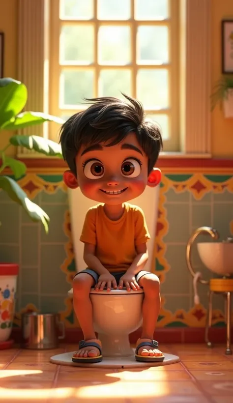 1 Boy use indian  toilet 
Disney pixar cartoon image