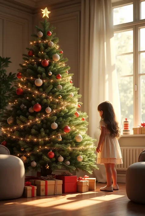  Imagine a super realistic room with natural daylight and a Christmas tree without presents, Just bring a Christmas tree and a girl next to the tree  