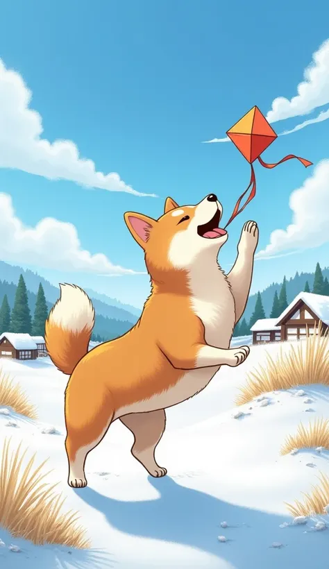 Under a clear blue sky, a Shiba Inu is joyfully playing with a traditional Japanese kite, either holding it in its mouth or helping it fly. The Shiba Inu’s fur is depicted with realistic texture and shading, showing its soft and fluffy coat with natural li...