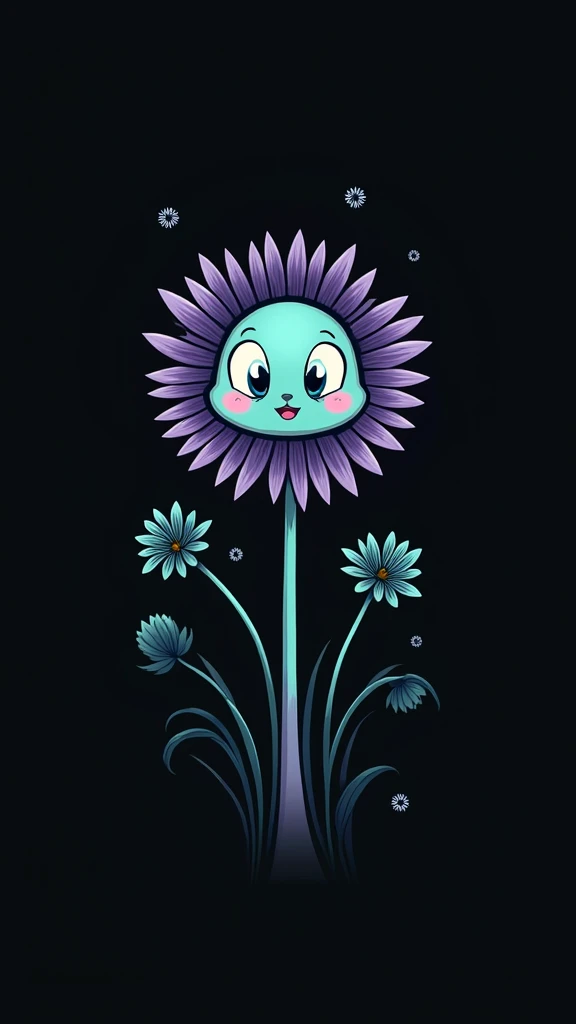 A stylized dandelion with a cheerful cartoon face. The dandelions head is a light teal color, and its face has large, round, light teal eyes with light pink blush. A small light teal smiling mouth is present. The face is in the center of the dandelions hea...