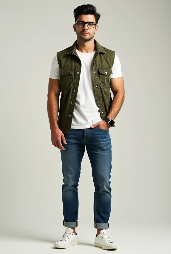  create an image of a man , around 30 years old, strong,  and athletic body ,  black hair, wearing glasses,  jeans, white off-white shirt and a military green denim vest and a white sneaker on the feet. On his left arm hes wearing an Apple Watch 