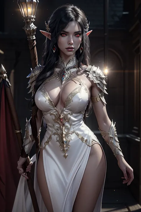 1girl, sexy drow, dark grey skin, pale white long hair, ((red eyes)), jewels, elf ears, earrings, ((white sorceress sexy dress)), ((wields staff)), ((cast light magic)), on a roof of scyscraper, athletic, volumetric lighting, best quality, masterpiece, rea...