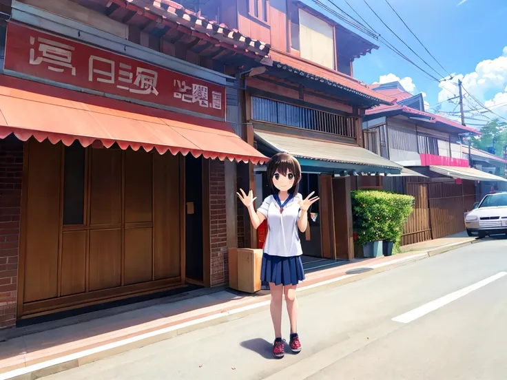 Residential area。Girl standing on the street 、 smiling and waving 。Various signs and signs stand in the background