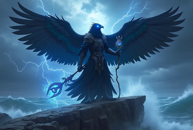 "Envision a majestic hybrid being that combines the arcane power of a mage with the mystical presence of a raven. This creature stands atop a rocky cliff during a raging storm, its humanoid body cloaked in flowing feathers that shimmer with an otherworldly...