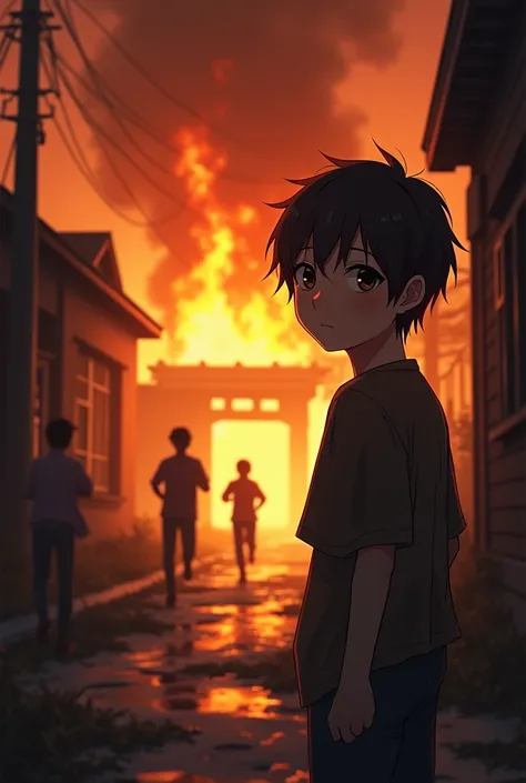 Disaster Girl meme redraw with a young boy staring at the camera from the right corner with a structure fire behind him while others ran around in the background trying to put out the fire, anime art style, dark theme.