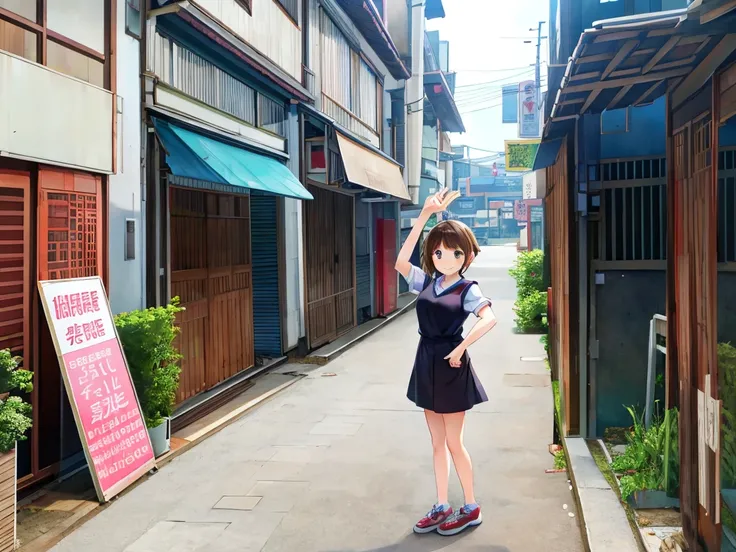 Residential area。Girl standing on the street 、Smile and raise your right hand。Various signs and signs stand in the background