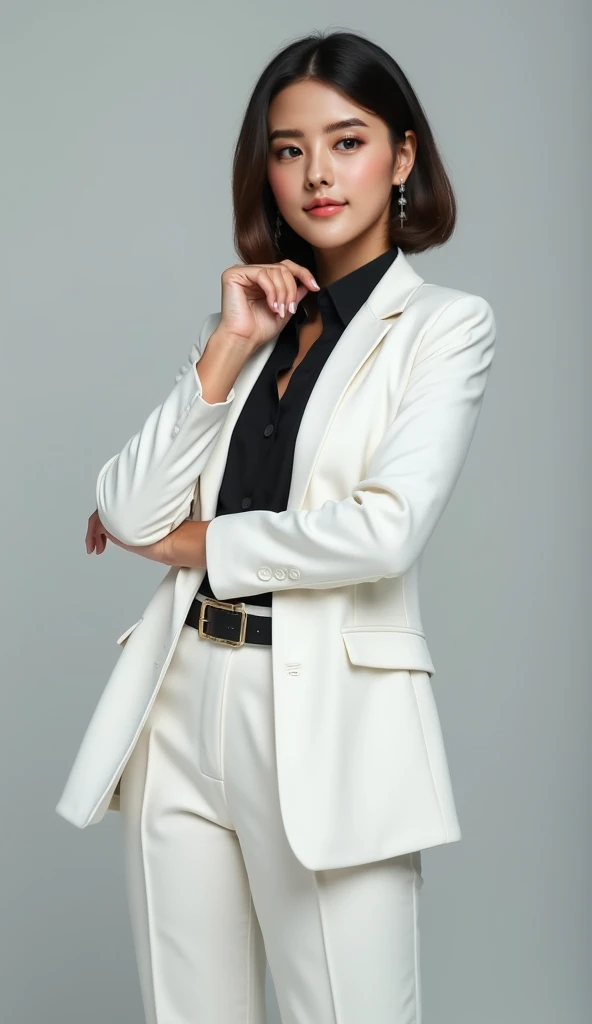 Short straight hair，Put on a white suit ， black shirt inside ， looking at the camera ，全身Face me，Front view，Face me，Full body facing the camera， standing confidently in front of a pure gray high-grade gray background ，Look relaxed ，Half-length portrait， lig...