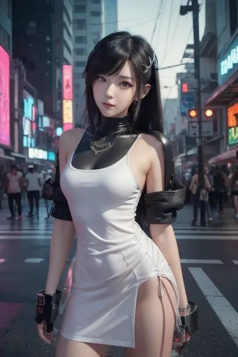  There is a woman standing on the side of the street,  cyberpunk art by Yang J ,  visual artist wearing a gorgeous dress ,  realism, artwork in the style of Gwaiz,  anime style. 8k, Gwaiz,  realistic anime 3d style in the style of Kantai Collection,  trend...