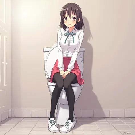 anime, collared white, pink skirt, ,wearing black leggings, white shoes, ,sit toilet, smile, 