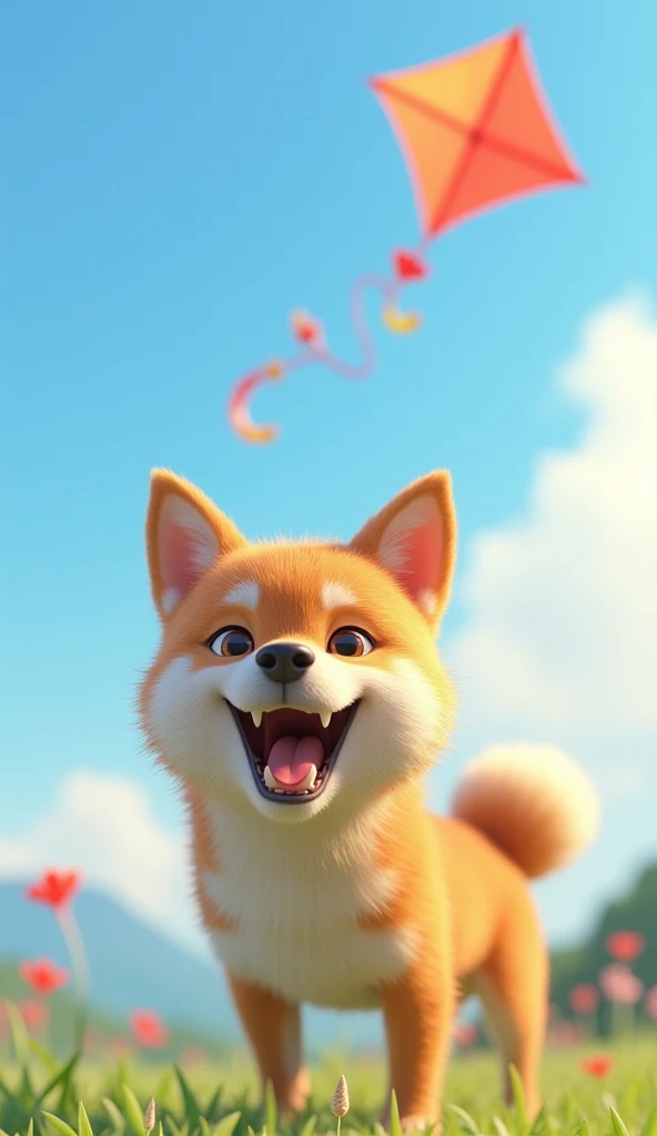 Under a clear blue sky, a Shiba Inu is joyfully playing with a traditional Japanese kite, either holding it in its mouth or helping it fly. The Shiba Inu is rendered in hyper-realistic CGI style, with detailed and lifelike fur textures that reflect soft na...