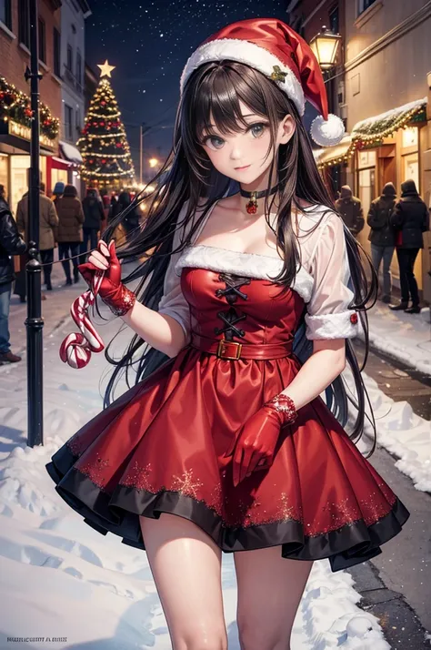   masterpiece,   better quality ,  High resolution,  beautiful and detailed eyes ,  extremely detailed face , Detailed CG,  a girl; Standing,  Holds a Christmas candy cane with his right hand,  Seen from the front ,   Looking at the spectator,   long black...