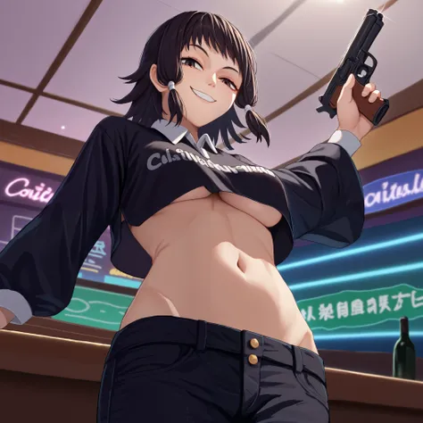 score_9, score_8_up, score_7_up, source_anime, from below, solo, 1girl, mifune fumiko, smile, looking at viewer, standing, hair tubes, black shirt, collared shirt, cropped shirt, crop top overhang, clothes writing, underboob, long sleeves, black pants, mid...