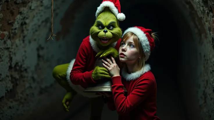 A highly detailed and realistic image of a  girl wearing a red Christmas sweater, hanging alongside a Grinch from a large Christmas bell. The scene is set in an underground environment, creating a mysterious and slightly eerie atmosphere. The dim lighting ...