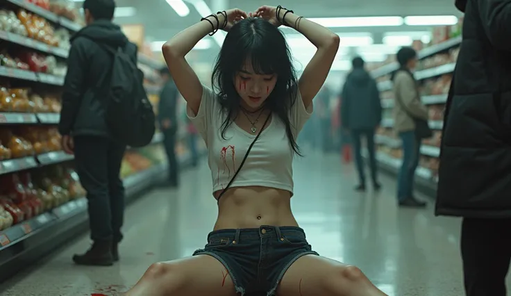 At the supermarket ,  drooling , Trong khi nhiều người nhìn thấy, 18 years old Japanese girl,  Medium dark hair , cosplay noel,  Hands tied above , legs spread,  Panoramic , Thật
