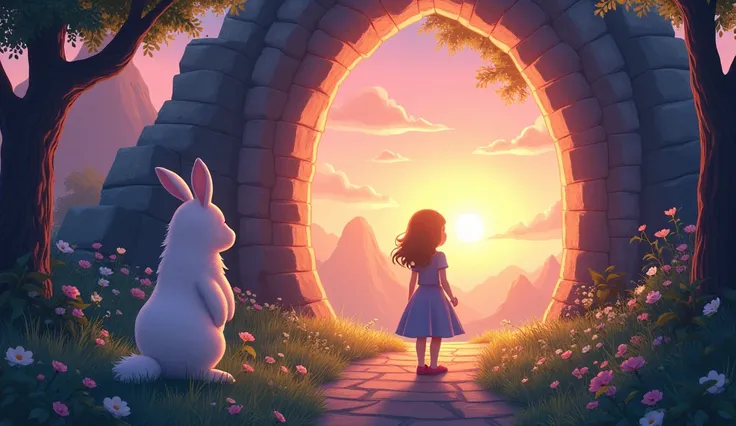 Emily says goodbye to Munchkin a rabbit and Queen Celestia, standing at the crystal door that leads back to the forest. The magical land of Miravellia is behind her, full of color and wonder. The sun is setting, and the sky is painted in shades of pink and...