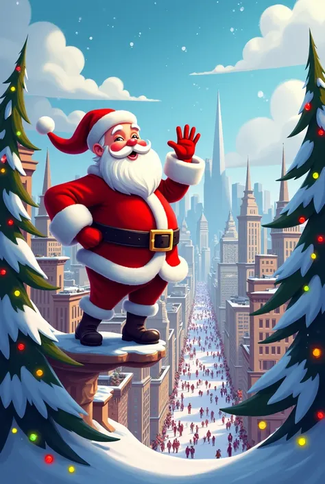 make a logo of Brand Club with a view of city full of crowd with Christmas Santa with snow 