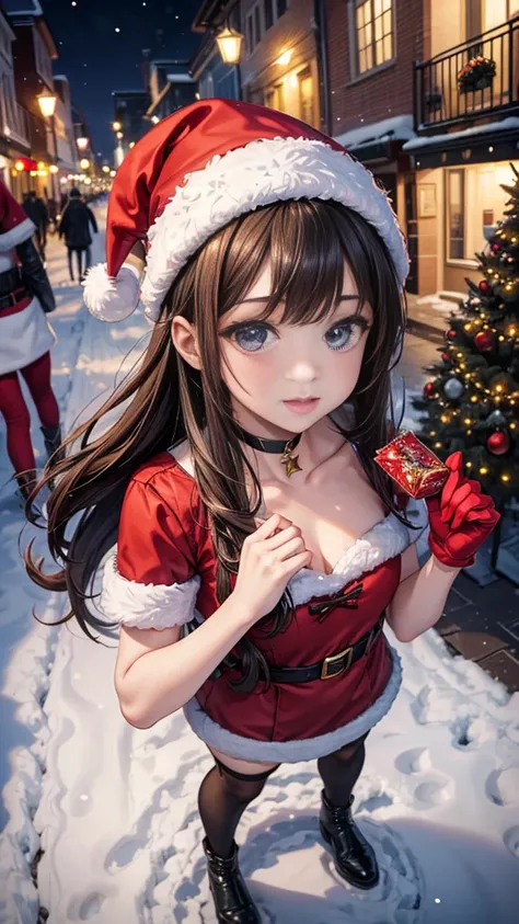   masterpiece,   better quality ,  High resolution,  beautiful and detailed eyes ,  extremely detailed face , Detailed CG,  a girl; Standing,  Holds a Christmas candy cane with his right hand,  Seen from above,   Looking at the spectator,   long black hair...