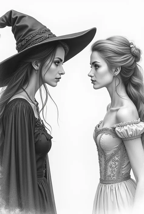 A pencil drawing of a One girl is a witch and the other is a princess. Each one at the opposite corners of the frame . Both of them are looking at each other 