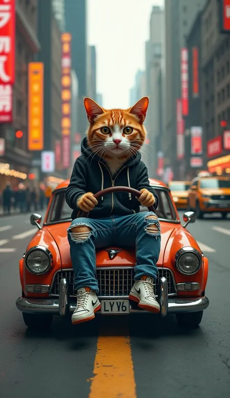 a cute cat wear streetwear style drive a car on the city of new york