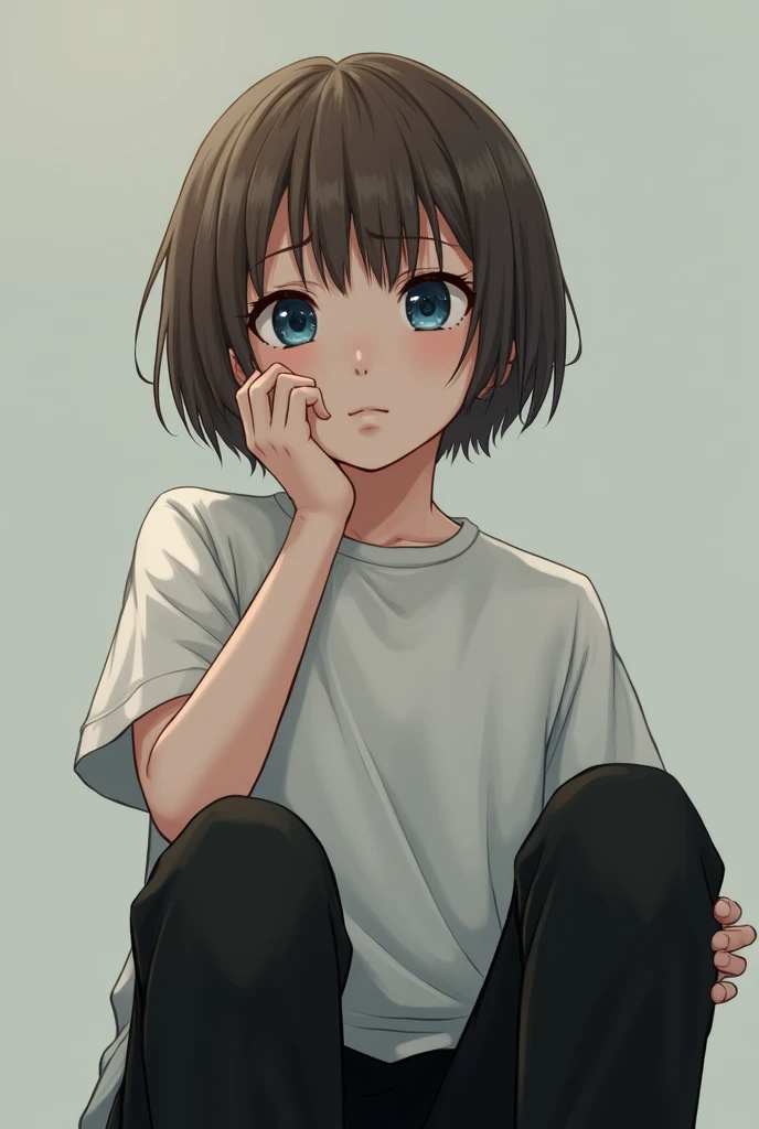  A young boy ,  brown hair,  short hair, straight bangs,  Blue Eyes,  inexpressive, white shirt,  black pants , from below 