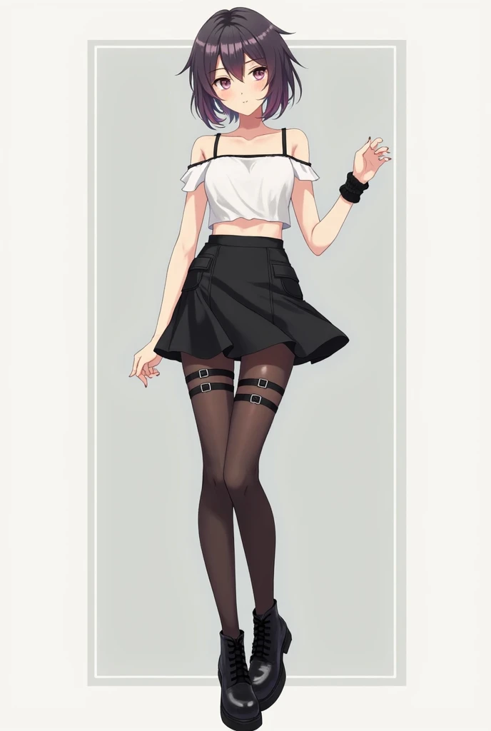  A femboy-style anime character with boots(womens boots black ), tights with straps 7 /8,short black skirt and a white cropped one in a shy but naughty position at the same time