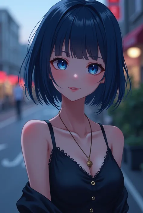 Arima Kana, short dark blue hairs, blue eyes, blunt bangs, city road, in the street (masterpiece:1.2), highres, best quality, 8k, sexy pose, blush, shy, smile, totally nude.