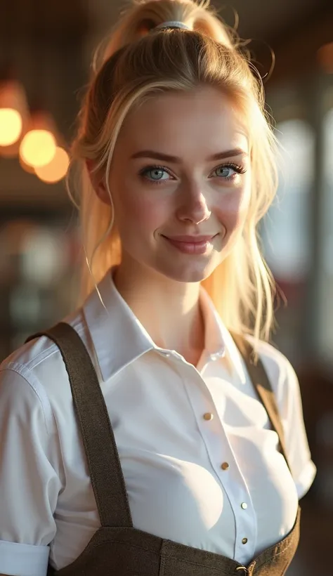 a 23 year old waitress, dressed in a beautiful and delicate waitress outfit, her beautiful face radiates a warm, gentle smile, her blonde hair is tied up in a sleek high ponytail, revealing porcelain white skin with a hint of freckles on the bridge of her ...