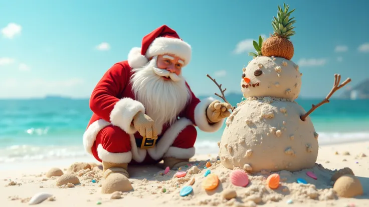 Photo realistic Santa Claus building a sandman (a sand version of a snowman) on a white sandy beach. The sandman is decorated with shells and a coconut for a head