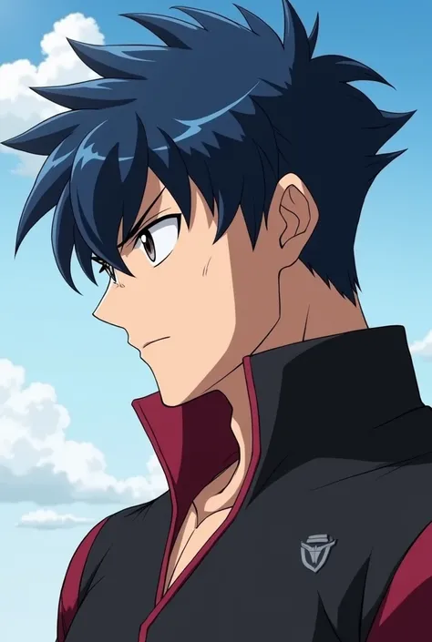  My Hero Academy Anime , in profile, a big handsome 23-year-old man,navy blue hair,elegant hairstyle, some messy tufts ,Ojos rojos, serious expression ,with Pircing in his ears , nude,Masturbating a big thick penis