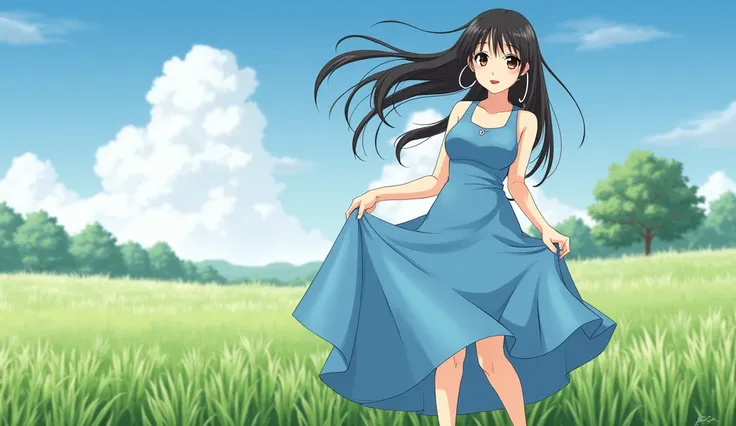 A young thai, dress, jewelry, outdoors, day, hoop_earrings, field, long_hair, sky, realistic, cloud, skirt_hold, looking_at_viewer, black_hair, grass, brown_hair, blue_dress, lips, brown_eyes, photo_background, breasts, tree
