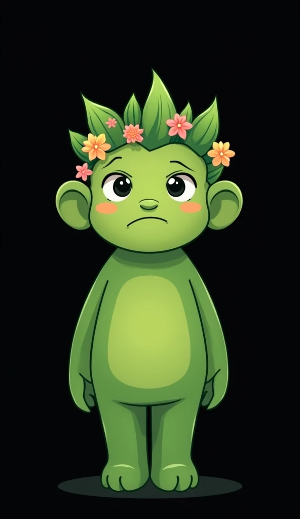 A green, tall cartoon character with a calm or indifferent facial expression. The character has hair designed like green plants, adorned with pink and yellow flowers. The background is completely black, emphasizing the characters features. Generate this im...